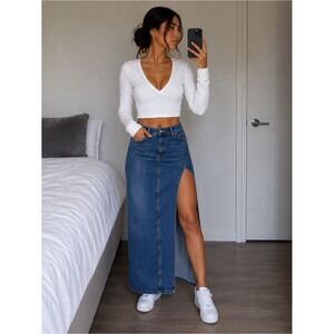 Blue Denim Maxi Skirt High Waisted Two Tone Asymmetrical Slit Long Jean Skirt